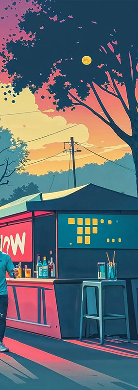 Ilustrace festivalového občerstvení a večerní atmosféry ve Velkém Oseku